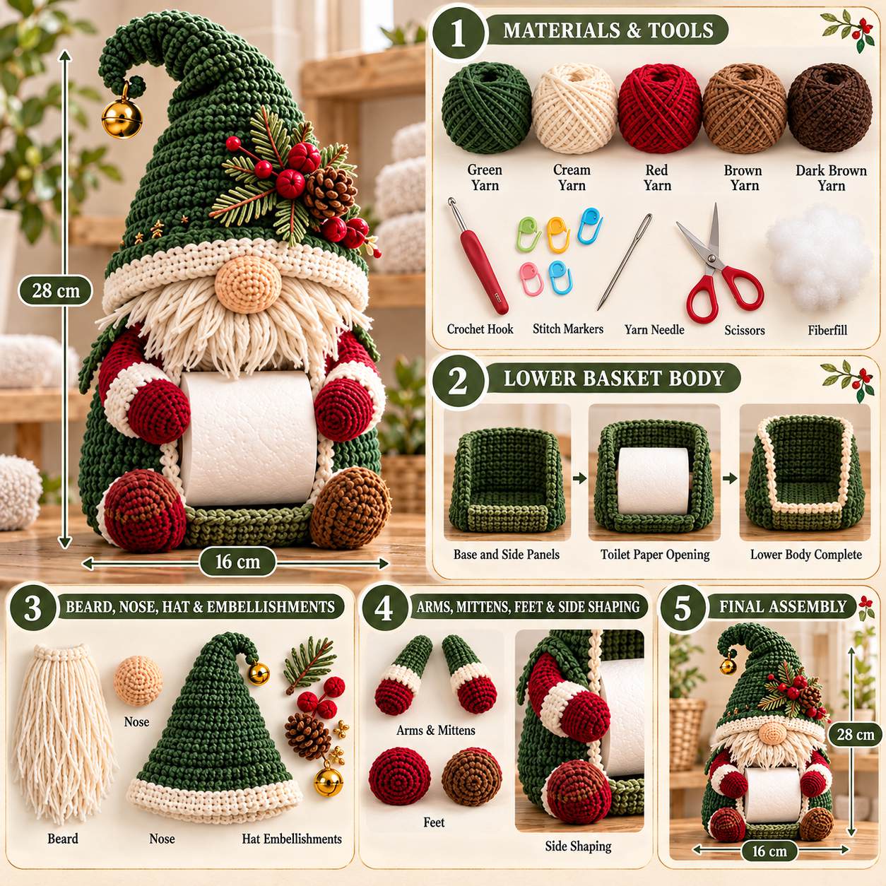 Gnome toilet paper holder visual reference: finished size, materials and construction steps