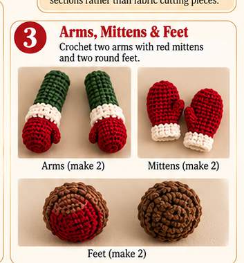 Gnome toilet paper holder, step 3: arms, mittens, and feet