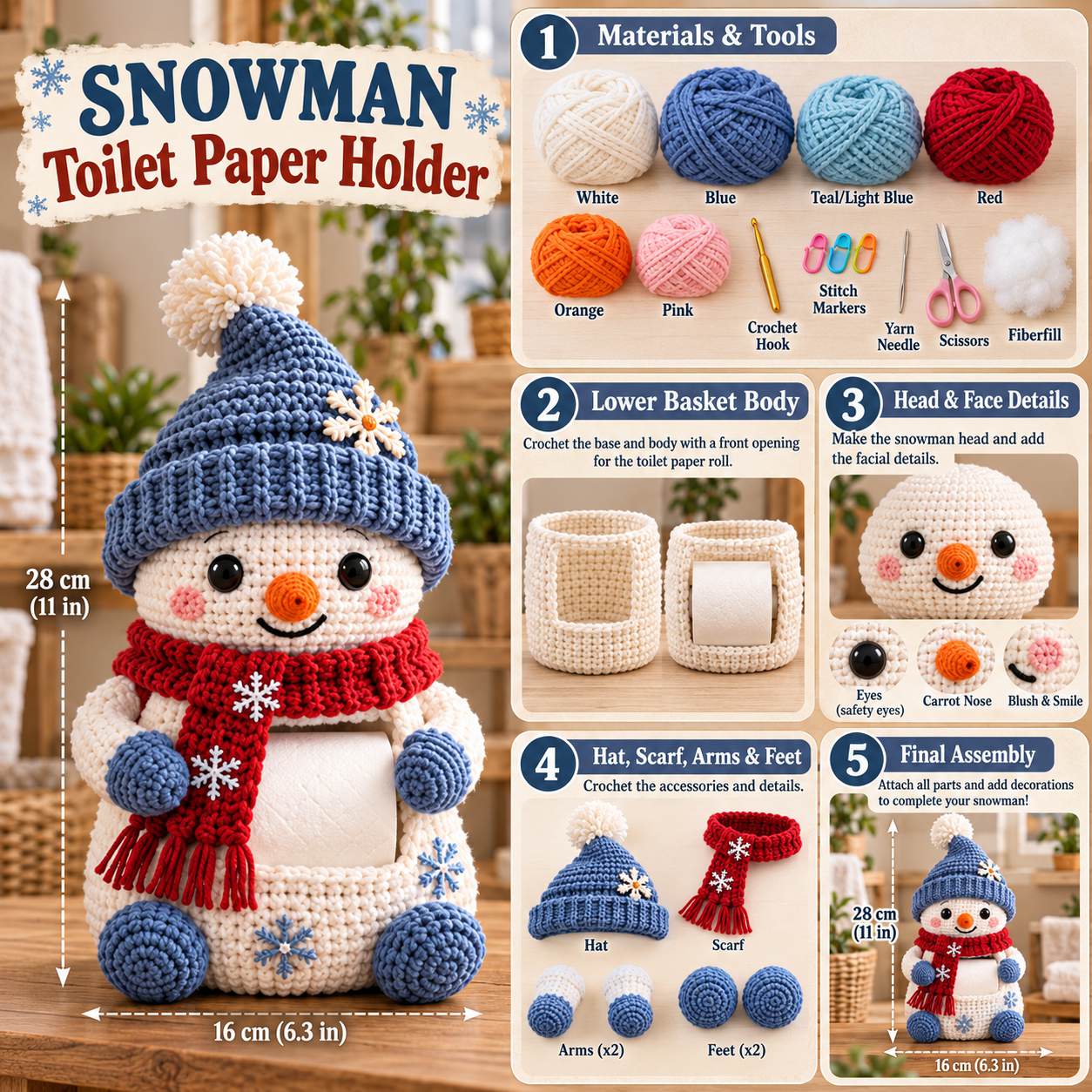 Snowman toilet paper holder visual reference: finished size, materials and construction steps