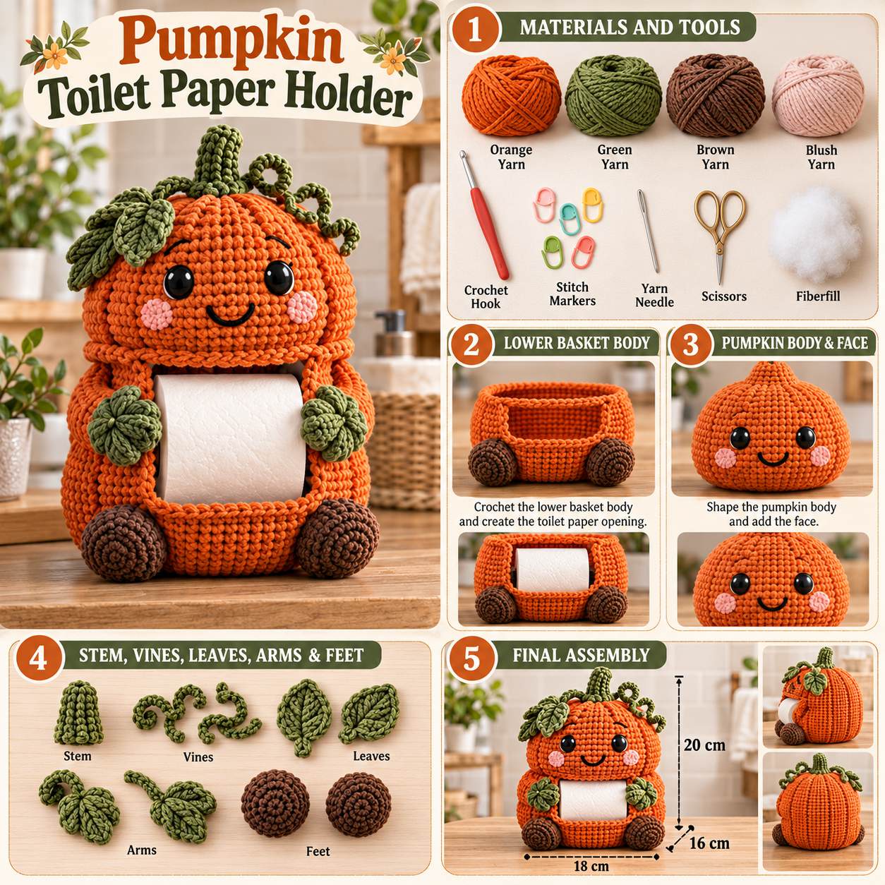 Pumpkin toilet paper holder visual reference: finished size, materials and construction steps