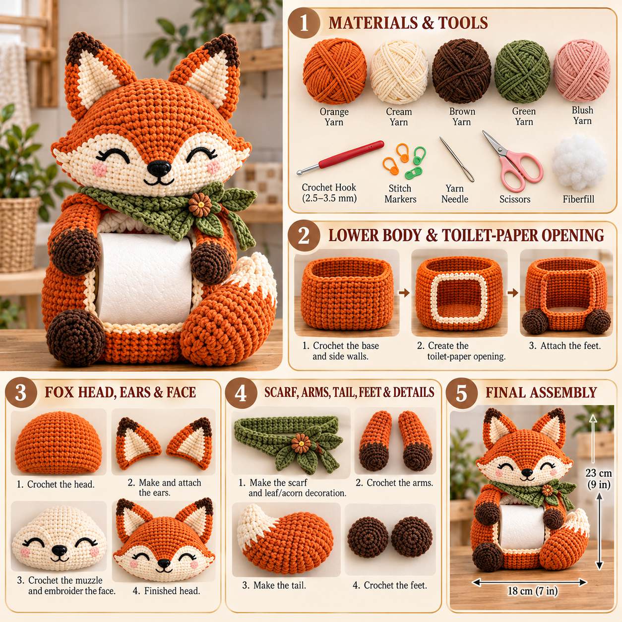 Fox toilet paper holder visual reference: finished size, materials and construction steps