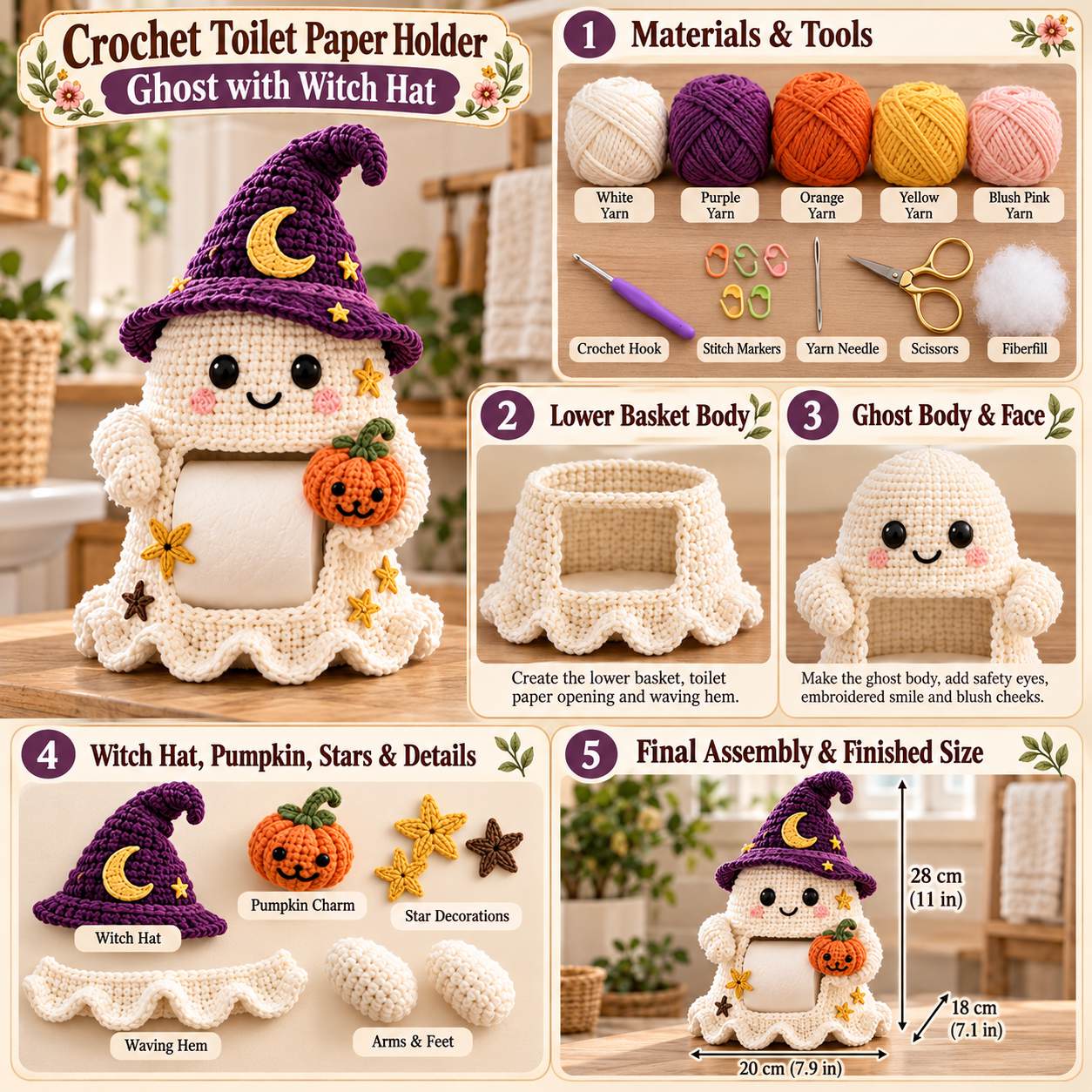 Ghost with Witch Hat toilet paper holder visual reference: finished size, materials and construction steps