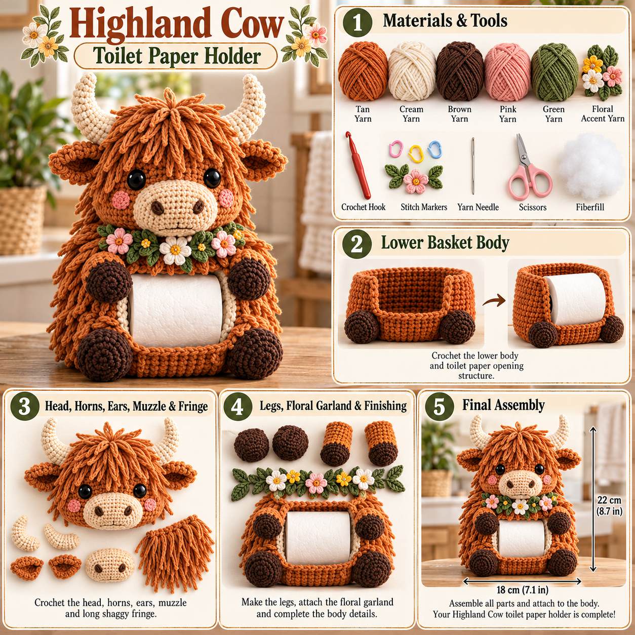 Highland Cow toilet paper holder visual reference: finished size, materials and construction steps