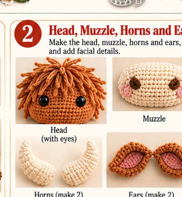 Highland Cow toilet paper holder, step 2: head, muzzle, and horns