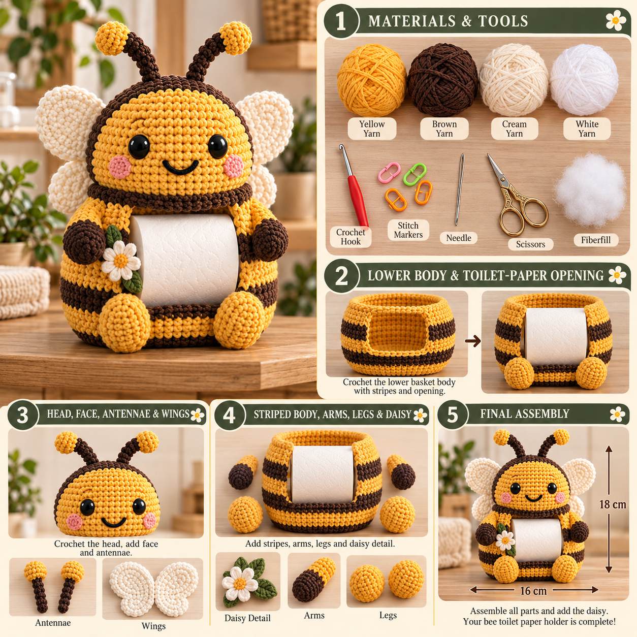 Bee toilet paper holder visual reference: finished size, materials and construction steps