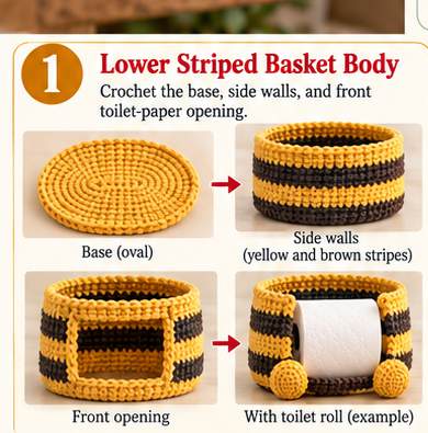 Bee toilet paper holder, step 1: striped basket body and toilet-paper opening