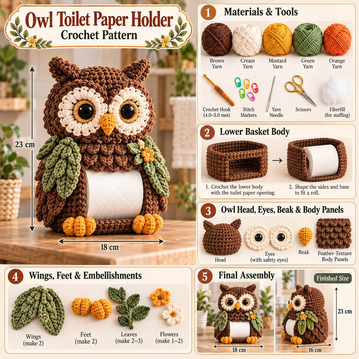 Owl toilet paper holder visual reference: finished size, materials and construction steps