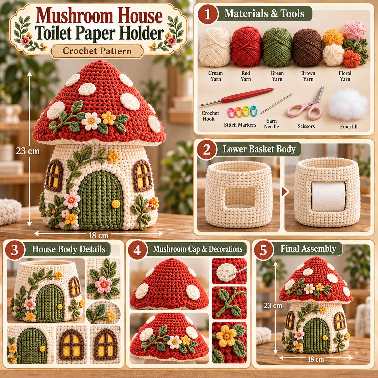 Mushroom House toilet paper holder visual reference: finished size, materials and construction steps