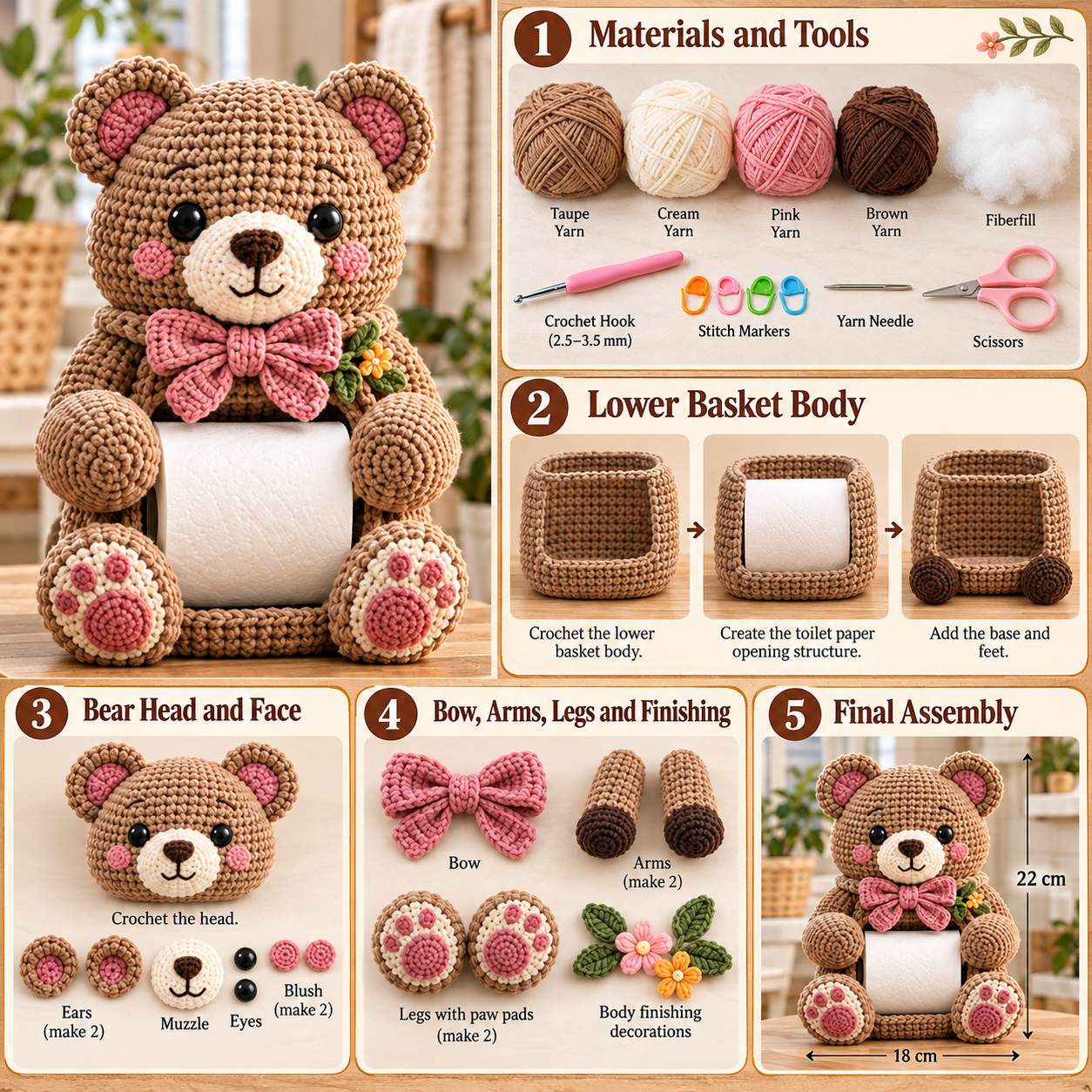 Bear toilet paper holder visual reference: finished size, materials and construction steps